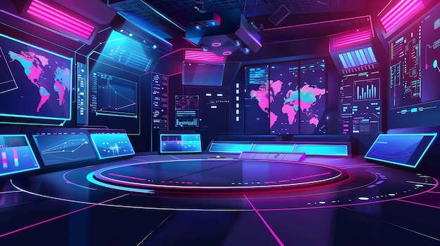 Futuristic control room with glowing screens and a circular platform