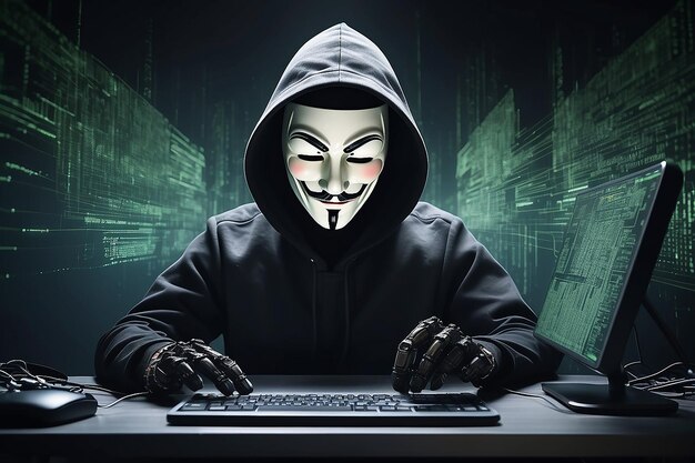 Futuristic cyber hacker operating under the guise of Anonymous employs advanced algorithms to infiltrate cybersecurity systems and exploit vulnerabilities in password security