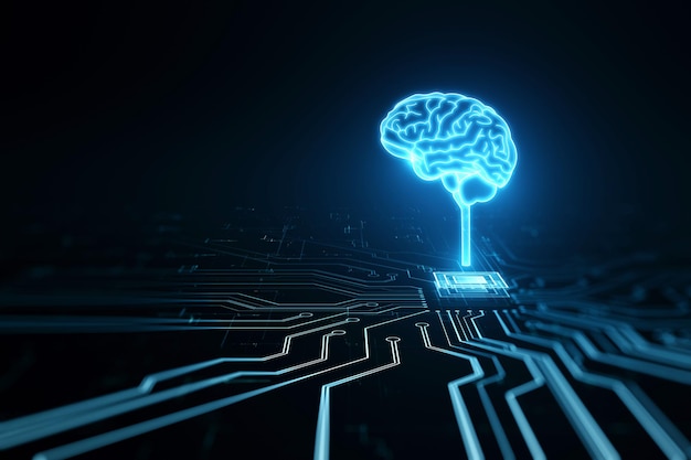 Futuristic design of artificial Intelligence brain with circuit board Learning process and problem solving concept Abstract digital technology background with mock up place 3D Rendering