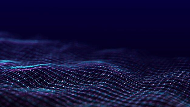 Futuristic digital wave Dark glitch cyberspace Abstract wave with dots and line White moving particles on a blue background 3d rendering