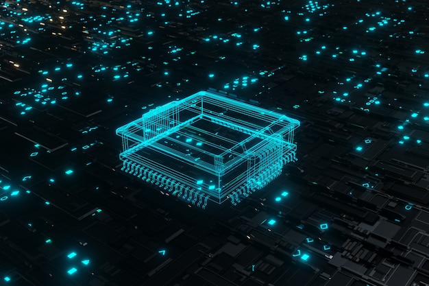 futuristic glowing cpu processor blue light on motherboard circuit board 3d rendering