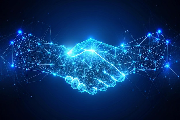 futuristic handshake made of connected nodes and lines in blue background