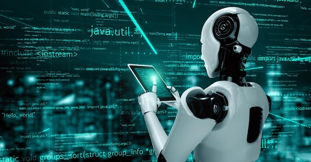 Futuristic robot artificial intelligence huminoid AI programming coding