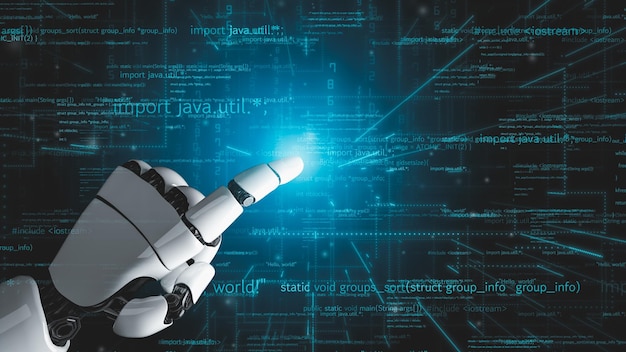 Futuristic robot artificial intelligence revolutionary AI technology development and machine learning concept Global robotic bionic science research for future of human life 3D rendering graphic