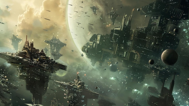 Futuristic space station with multiple spacecrafts and distant planets depicting an immersive science fiction universe