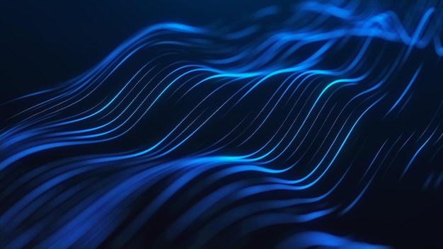 Futuristic wave of blue lines Digital data flow The concept of big data Network connection Cybernetics and technology Abstract dark background 3d rendering