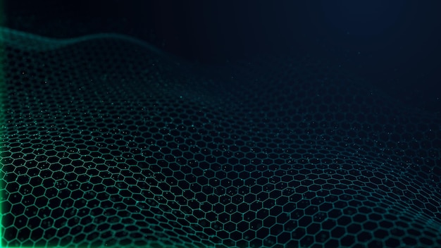Futuristinen digitaalinen kuusikulmainen ruudukko. Abstrakti tumma tausta, jossa hiukkasvirta. Suuren datan analyysi ja automaatio. Älykäs sininen aalto. Tieteen teknologia ja kyberavaruus. 3D-renderöinti