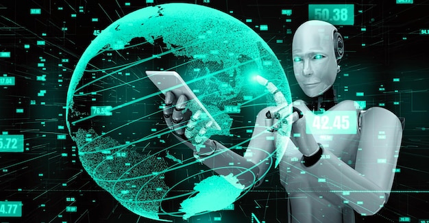 Futuristinen robotti tekoäly huminoidi AI data analyyttinen teknologia