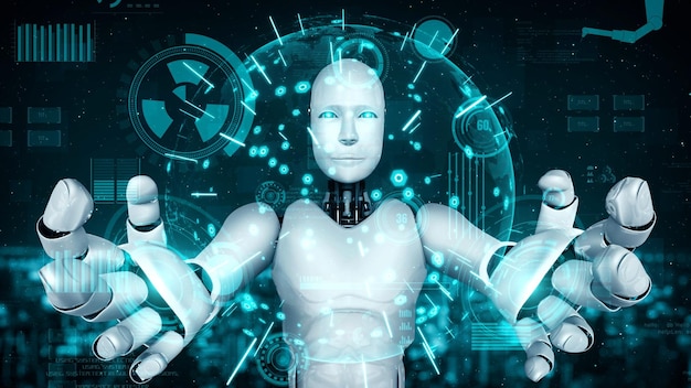 Futuristinen robotti tekoäly huminoidi AI teollisuustehtaalle