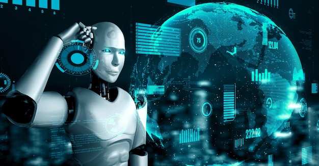 Futuristinen robotti tekoäly huminoidi AI teollisuustehtaalle