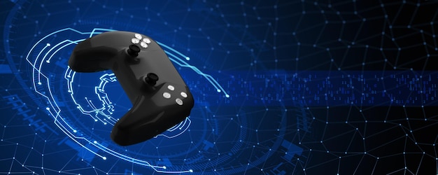 Game joystick on a technological background Blockchain game concept Gamepad on dark background and blank space for design 3d render