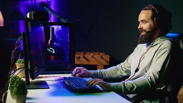 Gamer live streaming science fiction videogame chatting with fans