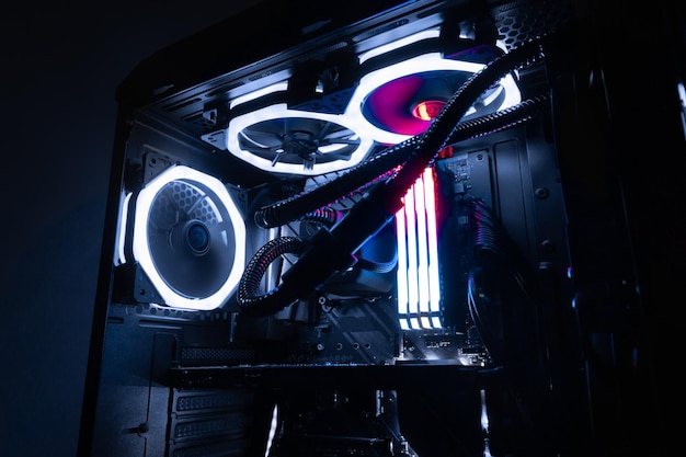 gaming pc with rgb led lights on a computer assembled with hardware components