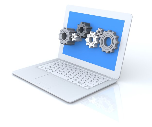 Gear Wheels in White Laptop. 3D Rendering Image