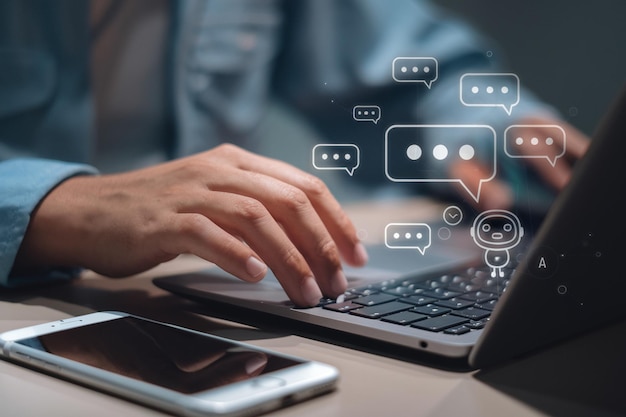 Generative AI Answer Businessman using AI to generate something Customer support laptop assistant