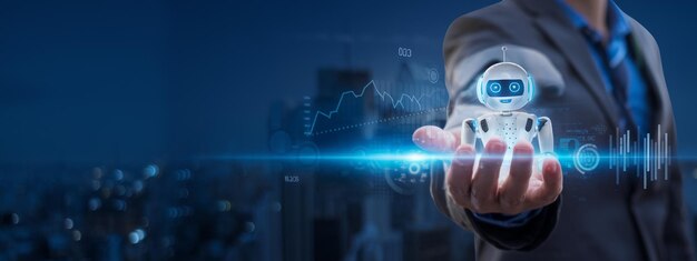 Generative AI Answer Businessman using AI to generate something Customer support laptop assistant