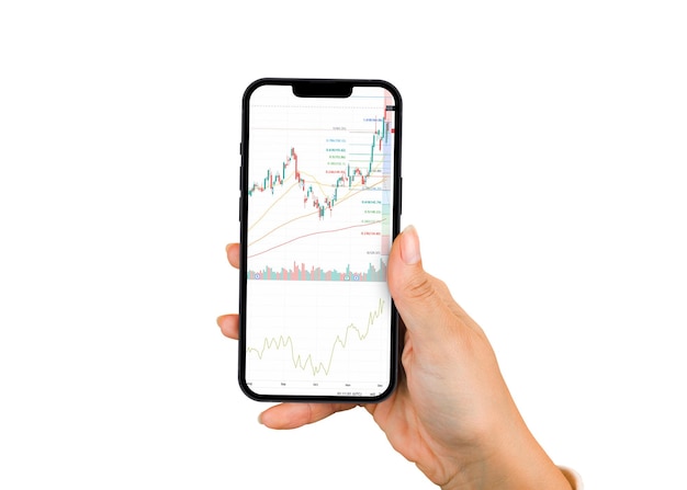 Girl holding a smartphone with financial stock market graph on the screen. Stock Exchange. White Background.