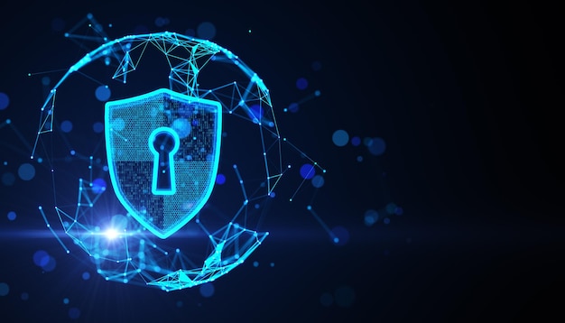 Global digital security protection concept with glowing digital shield with keyhole sign in technological sphere on abstract dark background 3D rendering mockup