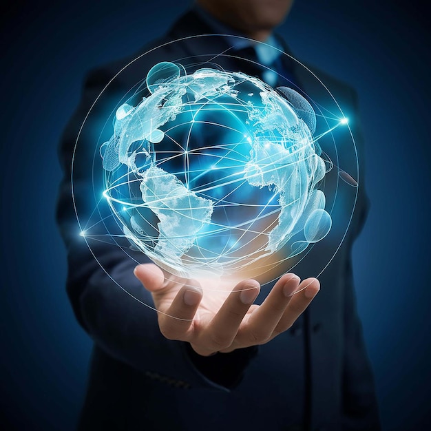 Global Network Connections A Businessman Holding the World in His Hands