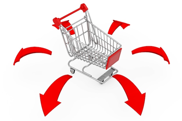 global shopping concept. shopping cart trolley with glowing red direction arrows on a white background. 3d rendering