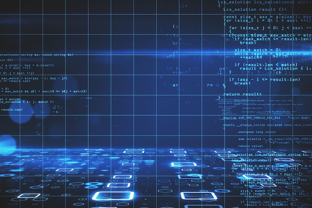 Glowing binary code with digital programming interface