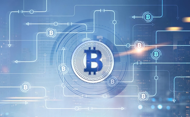 glowing bitcoin network immersive interface over a night cityscape background. concept of cryptocurrency. mock up toned image double exposure