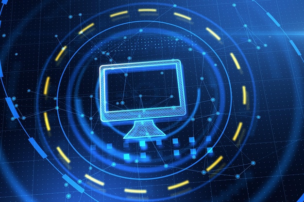 Glowing blue computer monitor hologram on creative background Digital transformation and technology concept 3D Rendering