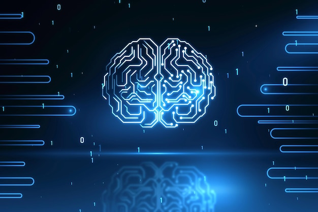 Glowing circuit human brain hologram on blurry backdrop with coding Artificial intelligence neurology technology and future concept 3D Rendering