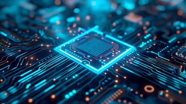 Glowing Neon AI Chip on Technology Background