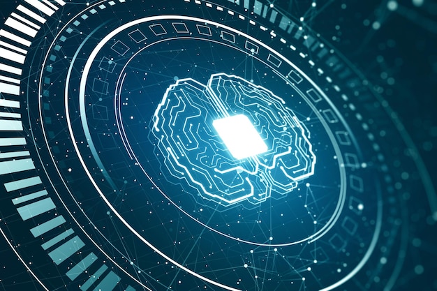 Glowing polygonal chip and brain hologram on blurry dark wallpaper AI metaverse and technology concept 3D Rendering