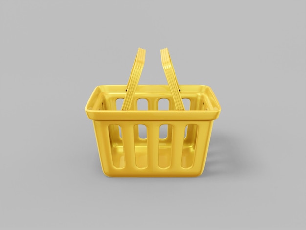 Gold one color shopping hand cart on gray flat background. Minimalistic design object. 3d rendering icon ui ux interface element.