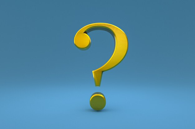 Gold question mark sign minimal on blue background, 3d render, minimal and copy space