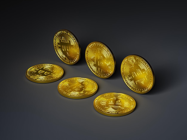 Golden bitcoin coins placed on dark background
