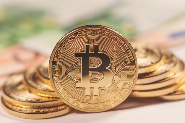 Golden bitcoin Euro background. Bitcoin cryptocurrency.