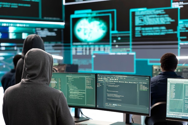 Governmental hacker examines info on a big screen in agency office