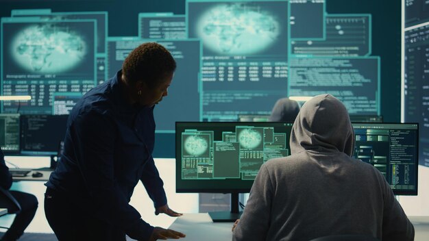 Governmental hackers doing teamwork in protecting sensitive information
