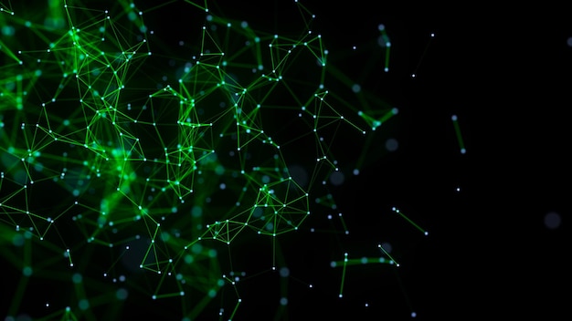 Green abstract background with connection lines dots and triangles Technology network connection Digital structure of particles 3D rendering