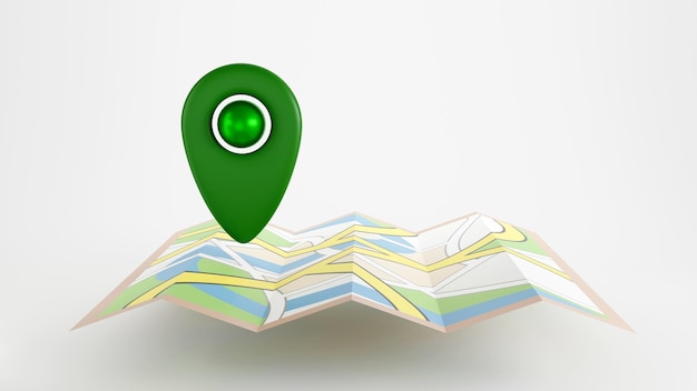 Green location symbol pin icon and mark on destination map background 3d illustration