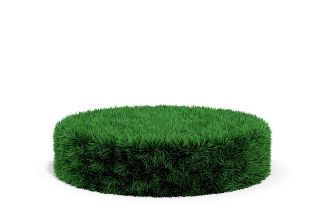 Green podium with grass texture 3D rendering on white background
