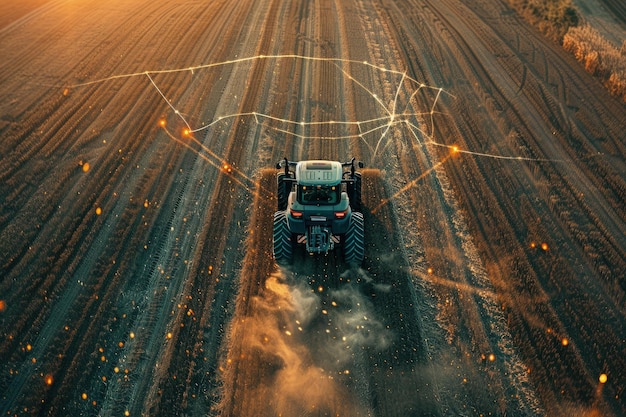 green tractor plowing cereal field with sky with clouds