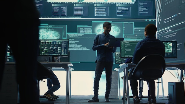 Group of governmental hackers analyzing digital threats on pc networks