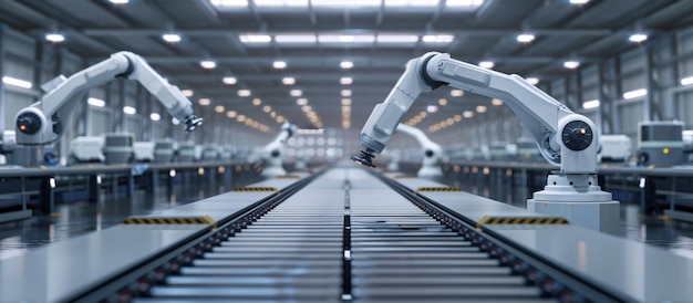 group of robotic arms on conveyor belt in a modern factory