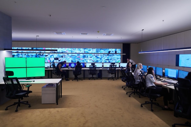 Group of Security data center operators working in a CCTV monitoring room looking on multiple monitors  Officers Monitoring Multiple Screens for Suspicious Activities  Team working on the System Contr