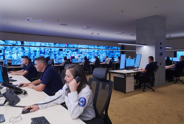 Group of Security data center operators working in a CCTV monitoring room looking on multiple monitors  Officers Monitoring Multiple Screens for Suspicious Activities  Team working on the System Contr