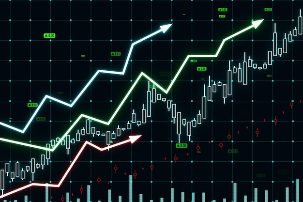 Growing upward arrows map and forex chart on dark backdrop Global trends trading and finance concept 3D Rendering