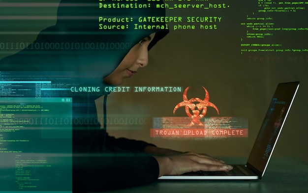 Hack cyber security and female hacker with laptop coding on website for crypto data Scam cyber attack and woman doing fraud or hacking on internet with computer for information technology in dark