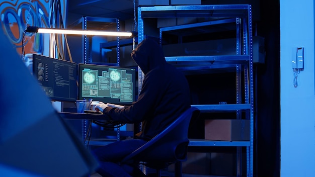 Hacker getting past digital devices security and stealing valuable sensitive data