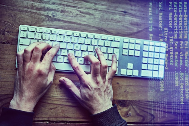 Hacker hands and cyber security code and website access for data protection overlay and online cybercrime Programming virus for internet web technology and person with network system for fraud