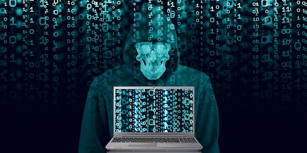 Hacker in black hood on binary background Code containing a binary stream and a security condition. Cyber security database penetration 3D illustration