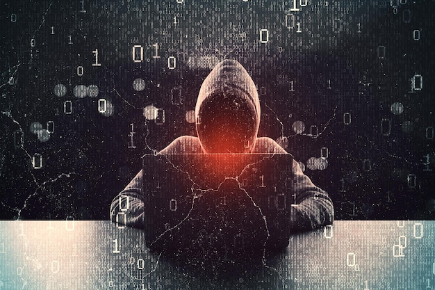 Hacker in hoodie standing on abstract dark hacking background with bokeh circles and binary coding Malware and phishing data theft concept